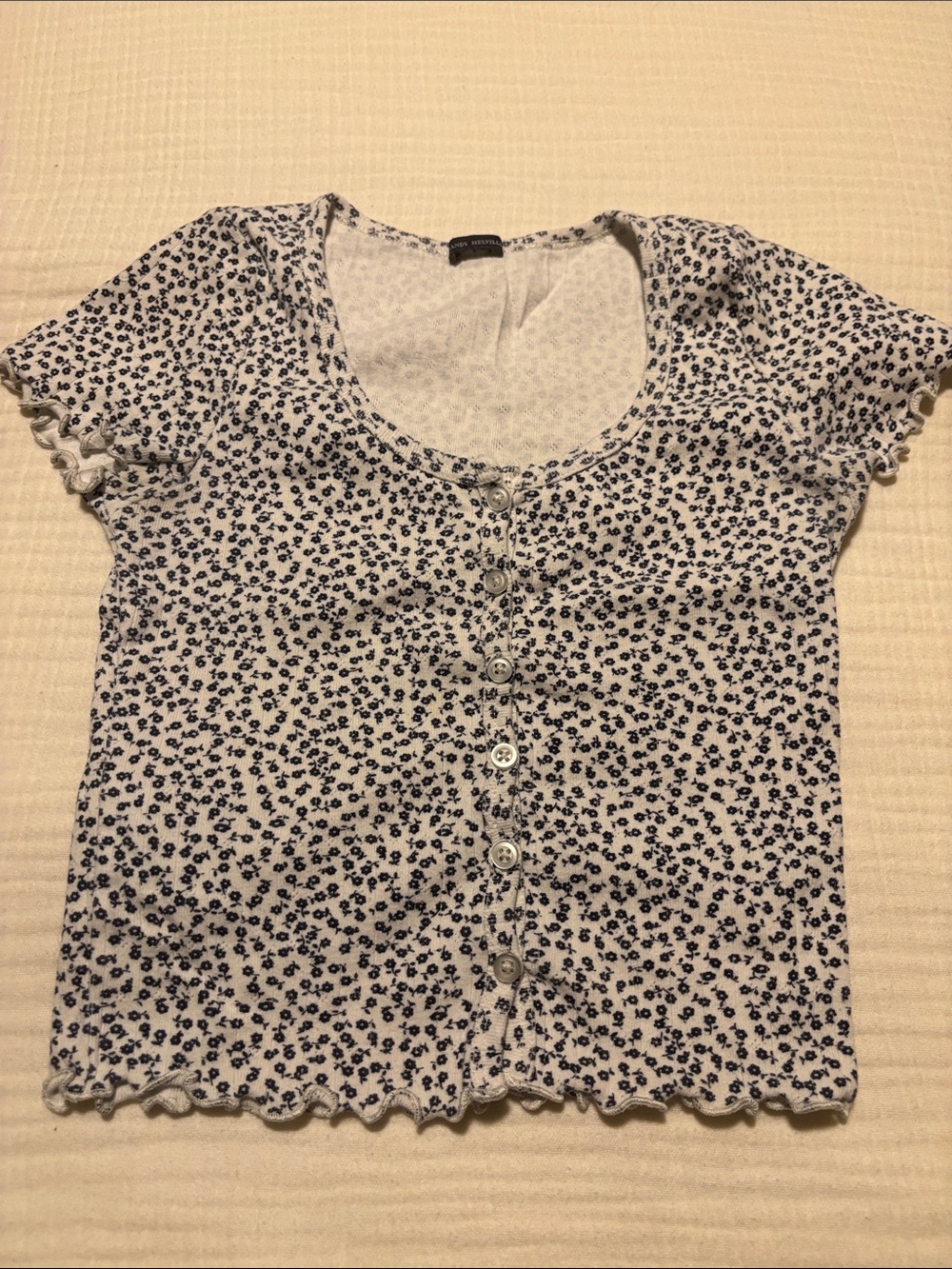 Floral Short-Sleeve Button Front Top — White & Navy